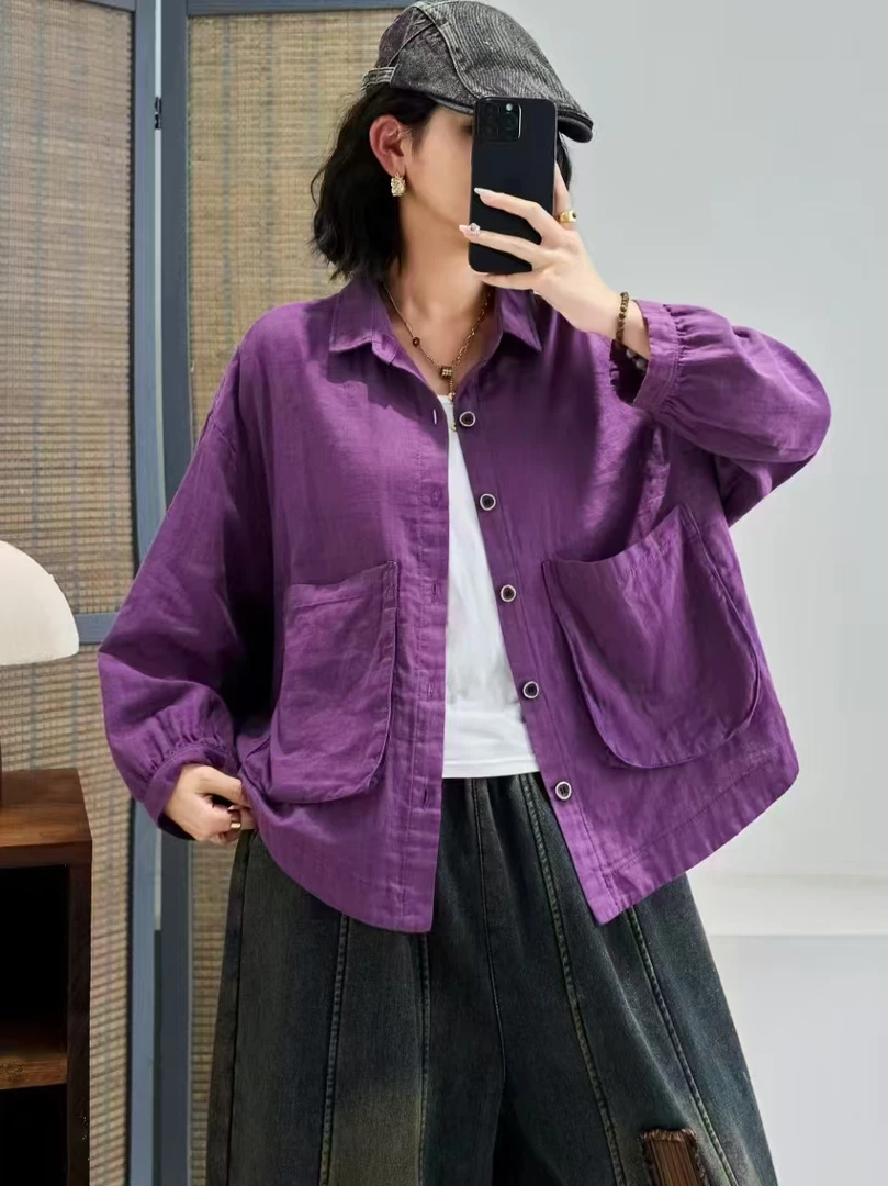 秋季新款百搭上衣外套大口袋文艺风上衣褂子时尚洋气长袖褂子短款