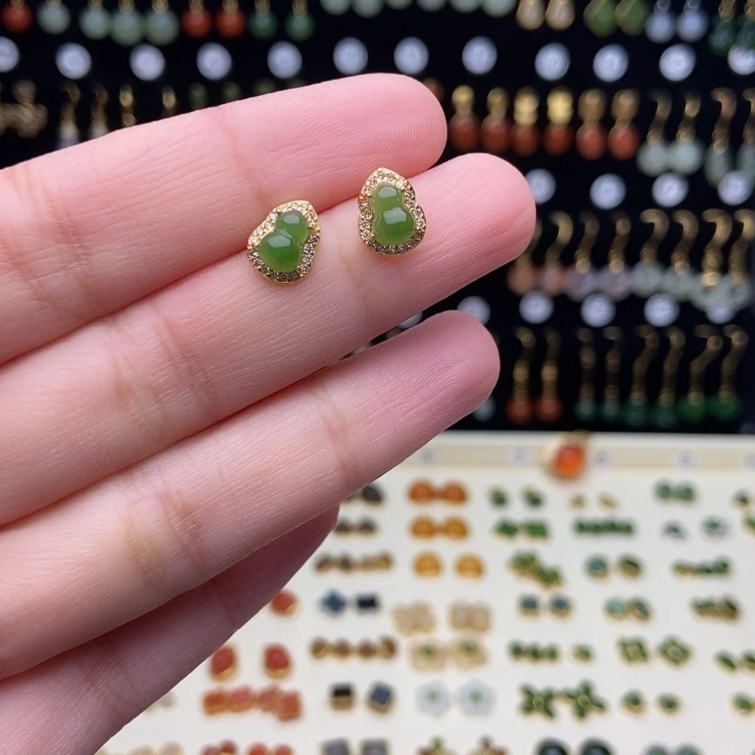 和田玉银S925镀金镶嵌耳饰