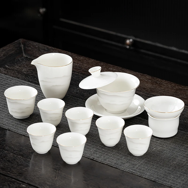 晟翔陶瓷茶具羊脂玉不染山峰盖碗主人杯11件套