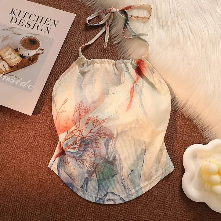 国风水墨画挂脖吊带背心女夏季外穿带胸垫设计感小众美背露肩上衣