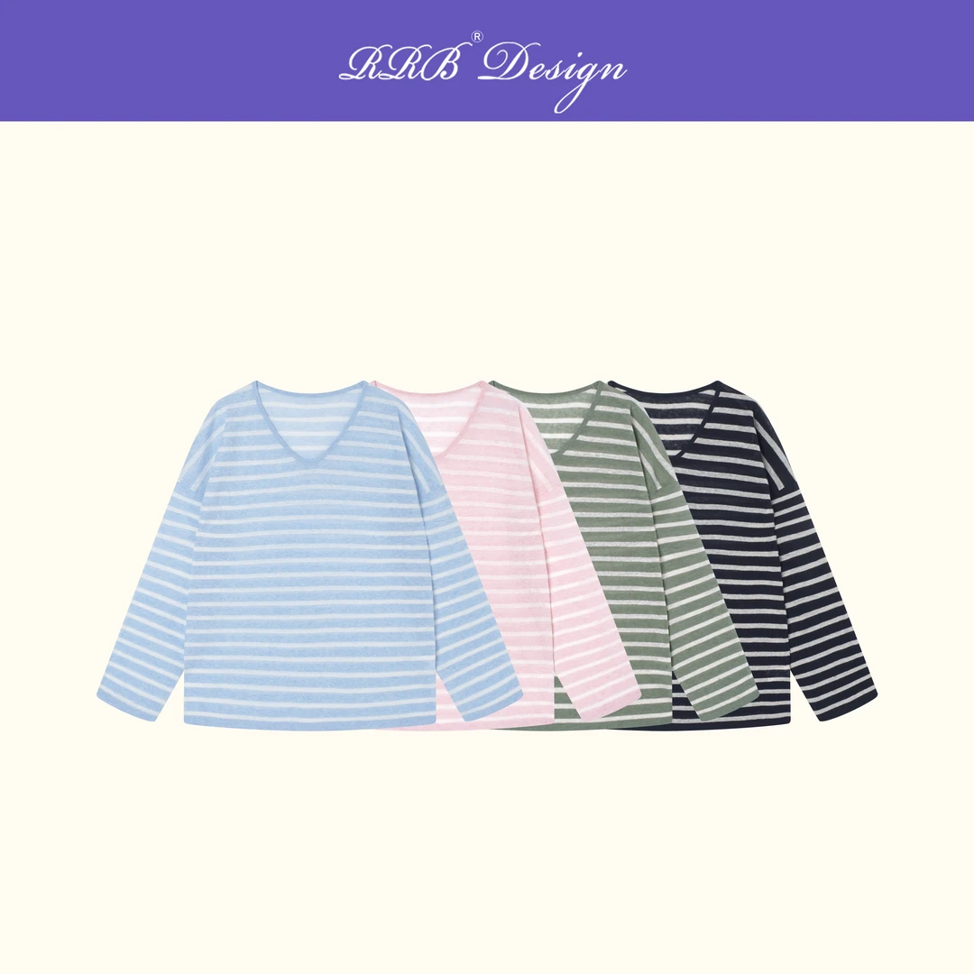 RRB Design「巴塞罗那」宽松显瘦U领拼色条纹长袖T恤简约百搭上衣