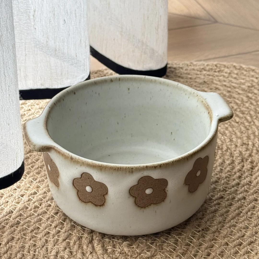 雪朵烤碗复古刻花浮雕花朵碗甜品碗下午茶5英寸双耳早餐碗