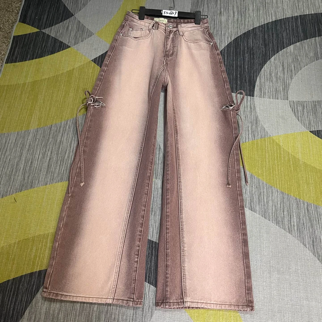 F3-6629 高货 复古渐变粉超酷拼接破洞弯刀阔腿裤 无弹（不退换）