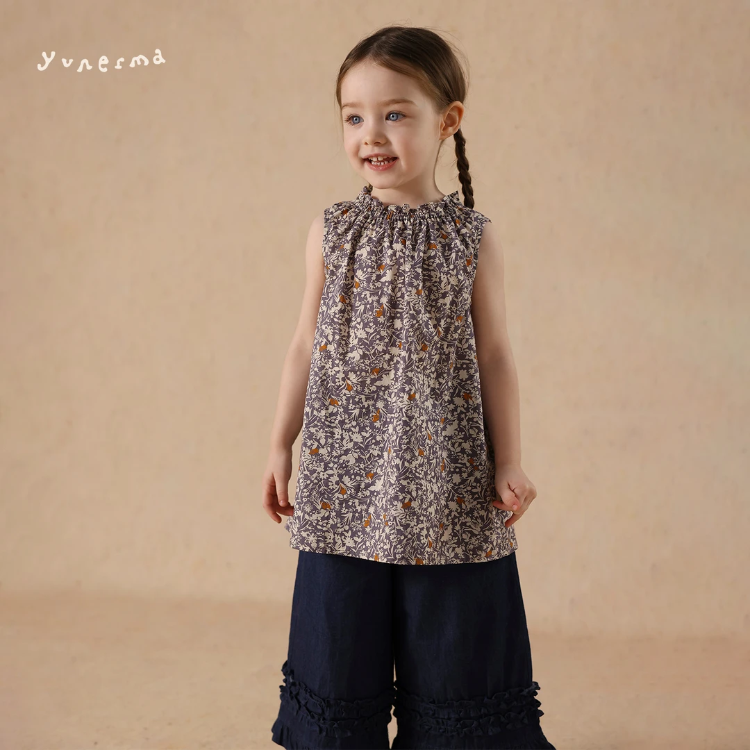 女童夏季小众复古碎花背心允儿妈2025新款纯棉娃娃衫上衣