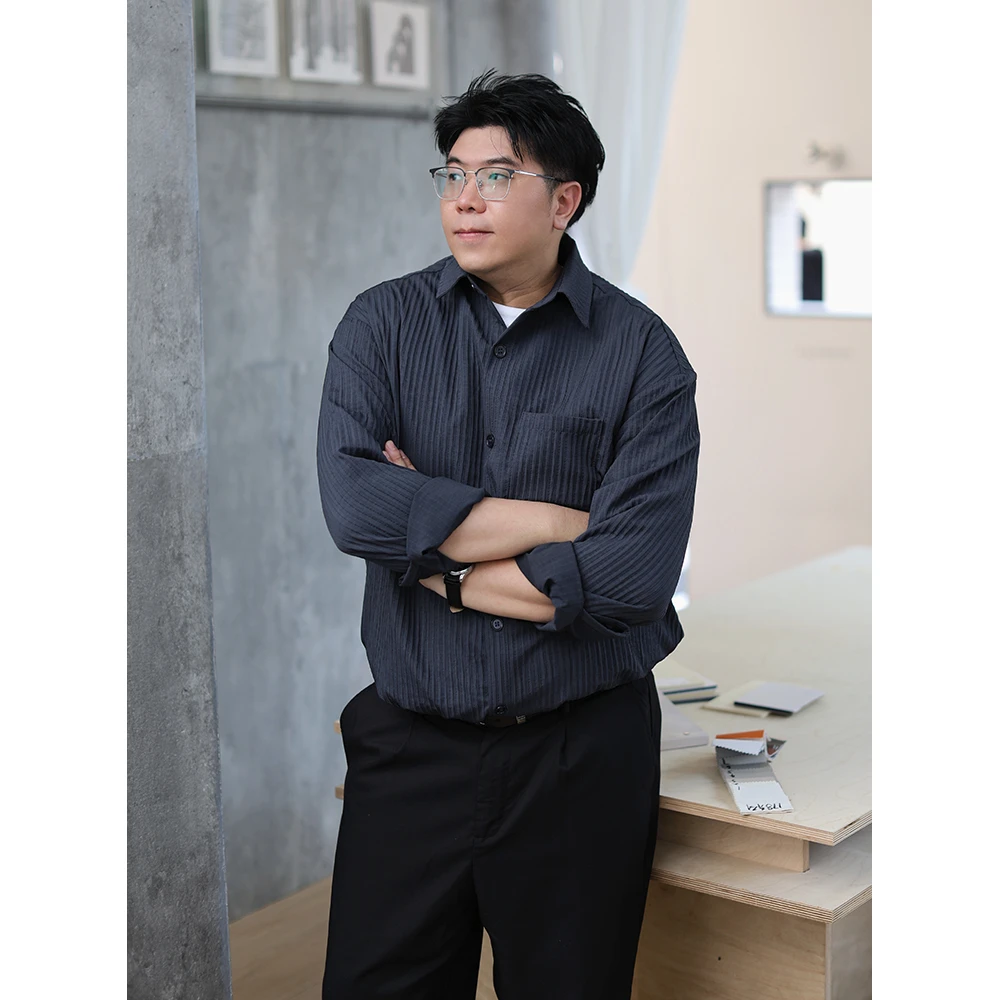 路人社商务通勤衬衫男长袖秋冬大码男装条纹蓝色衬衣老钱风松弛感