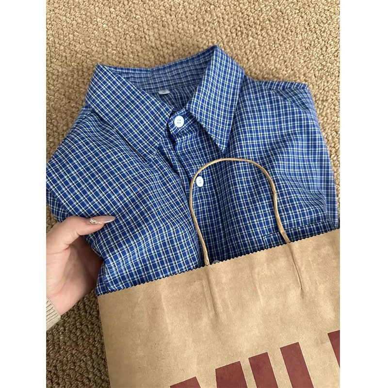 vintage蓝色格子长袖衬衫男春季慵懒风美式复古衬衣情侣百搭上衣