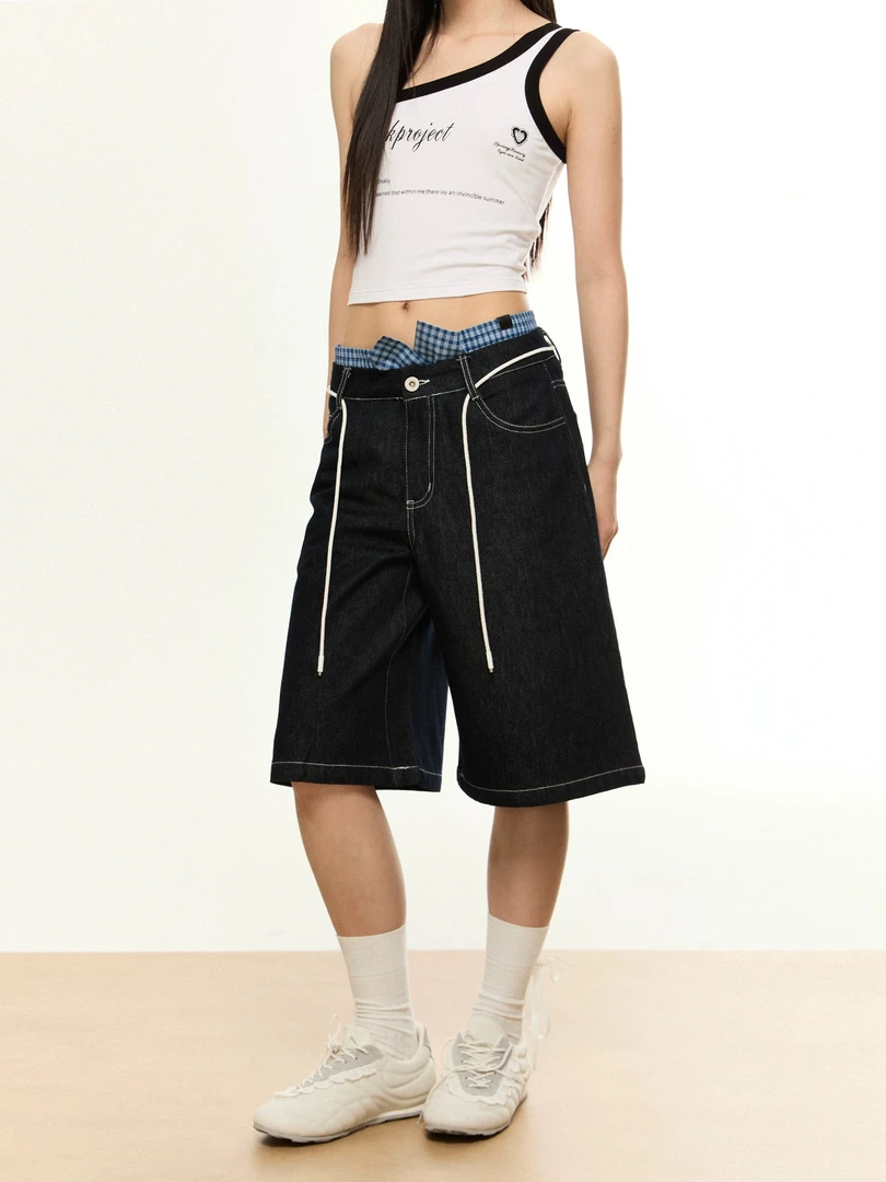 【直播间清仓款 No退No换】EZEK 美式高街复古深蓝色宽松阔腿五分