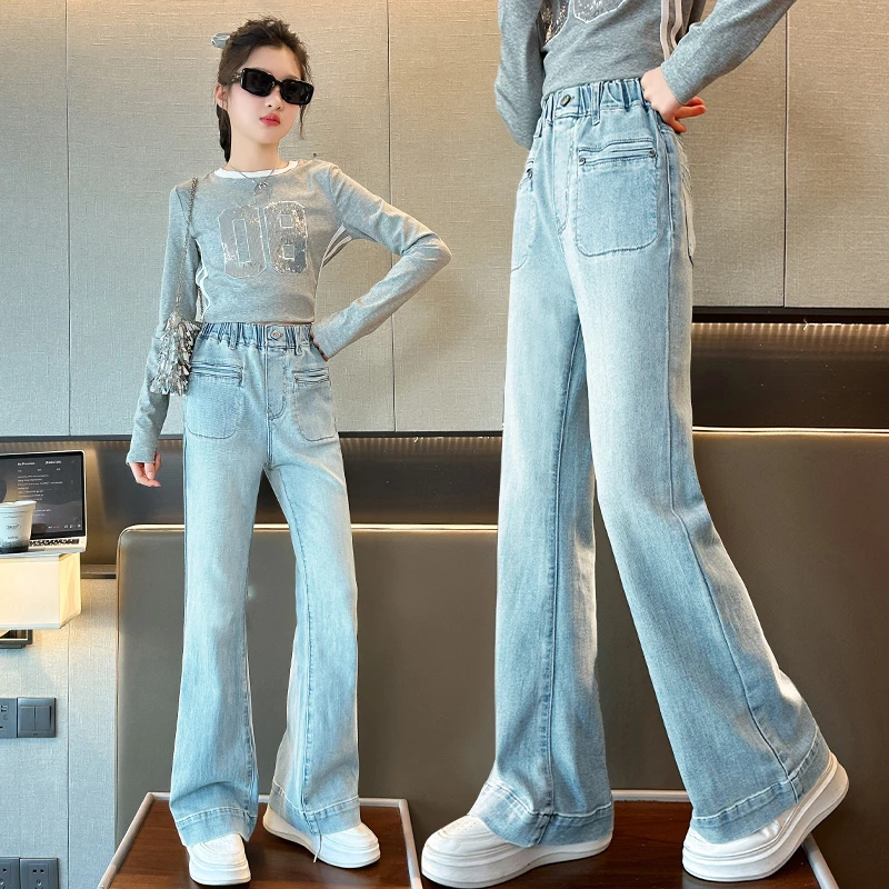 女童喇叭裤春秋2025新款儿童修身裤子女孩大童春季弹力微喇牛仔裤