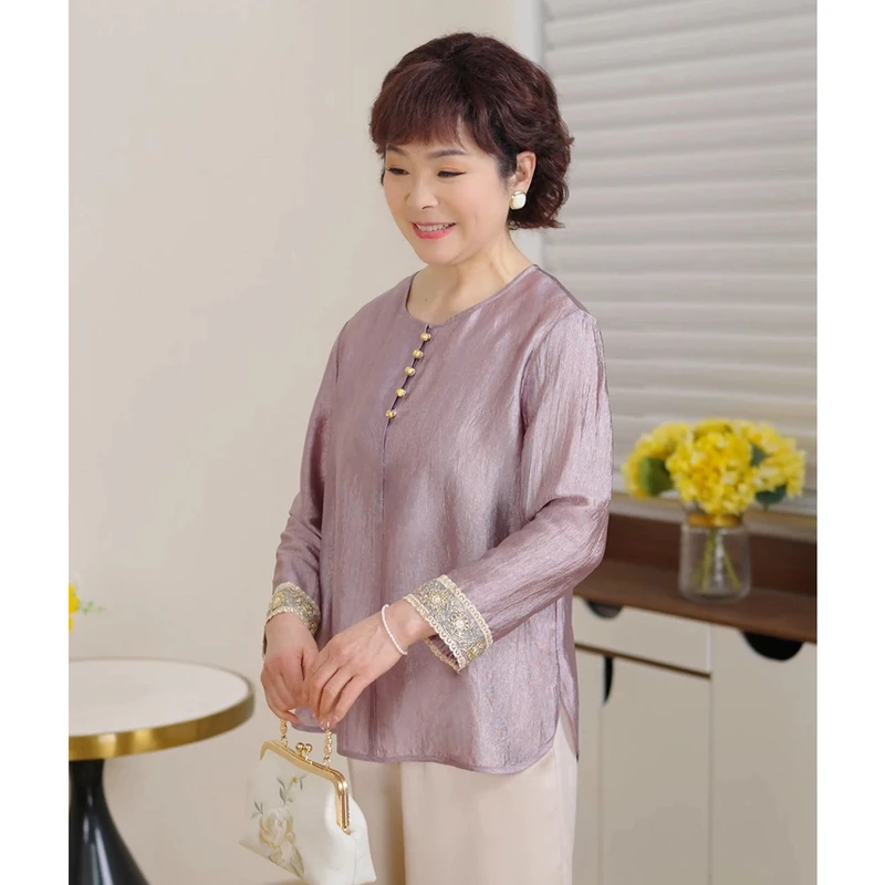 中年妈妈春夏新款洋气中老年时尚大码新中式绣花复古上衣套装