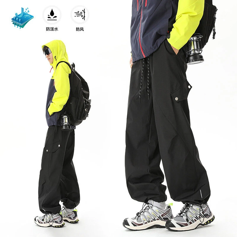 春季宽松防水速干冲锋裤显瘦男女潮流百搭松紧工装阔腿机能裤子