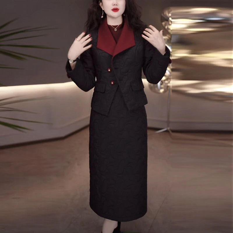 蓄热棉两件套连衣裙2025冬季新款时尚显瘦新中式加厚外套气质套装