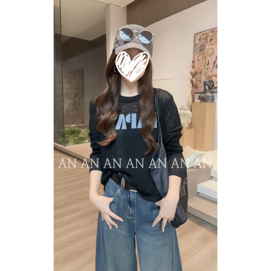 C08164秋季休闲宽松慵懒风设计感套头微透罩衫圆领字母针织衫