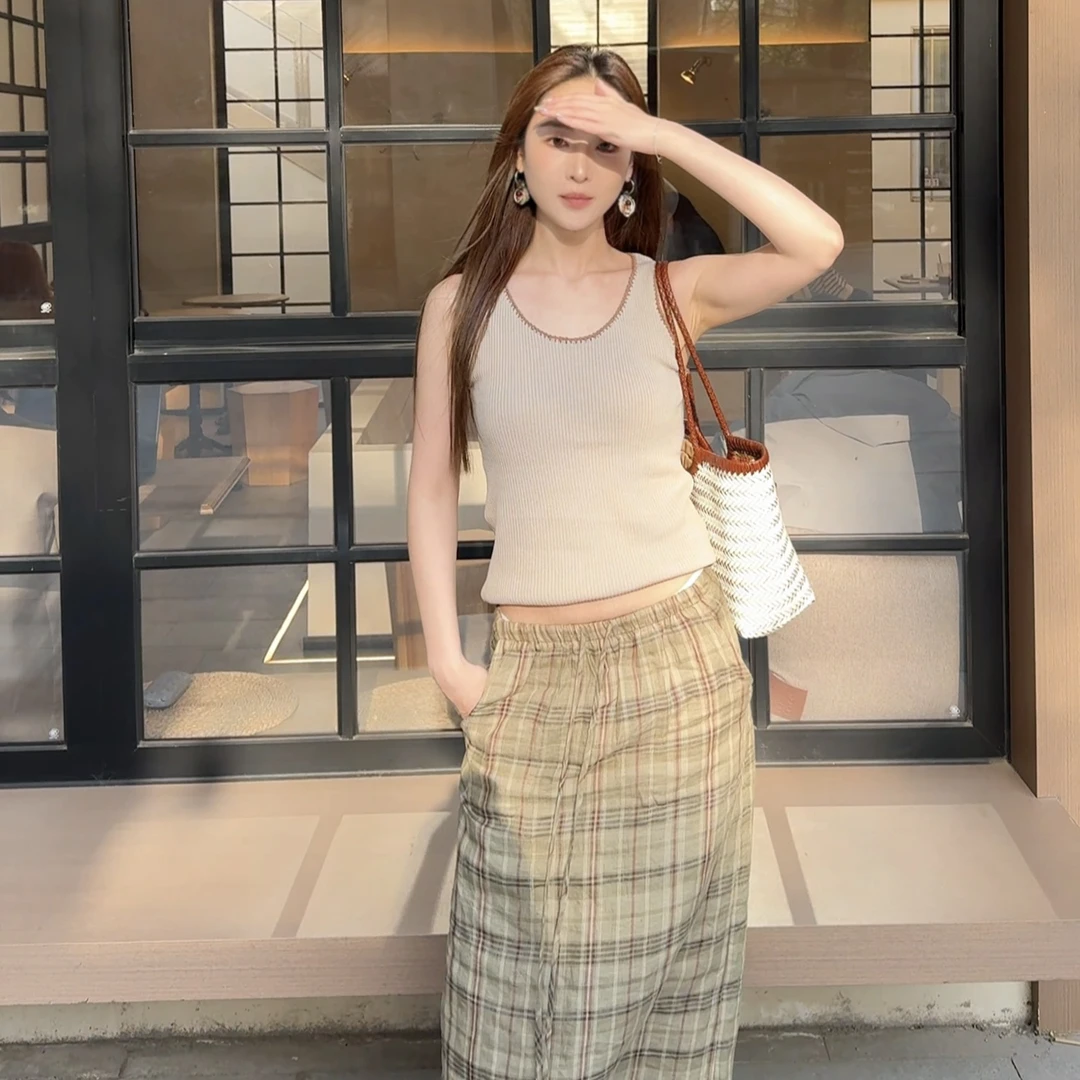 艺术家暗格纹麻半裙