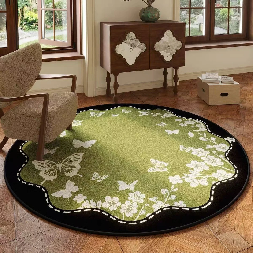 中古风绿色花朵水晶绒圆形地毯客厅地毯椅垫梳妆台地垫卧室地毯