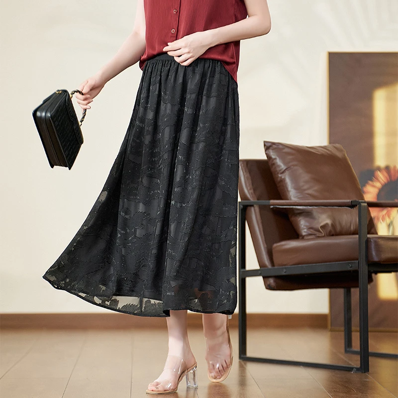 迪欧芙夏季2025年新款刺绣显瘦中长款半身裙黑色女气质#XDQ18231