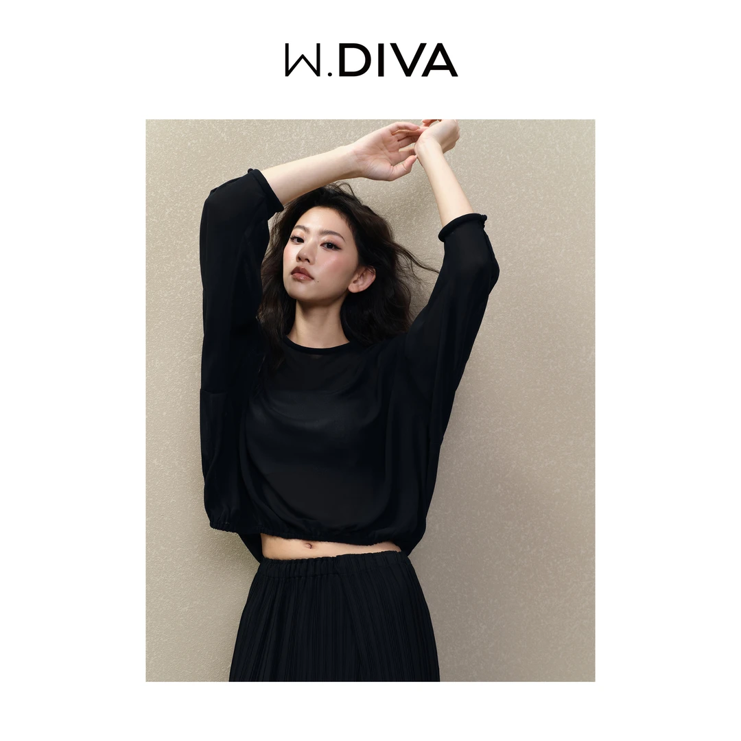 W.Diva【半山薄雾】蝙蝠袖小衫气质优雅长袖圆领外套女51S161777