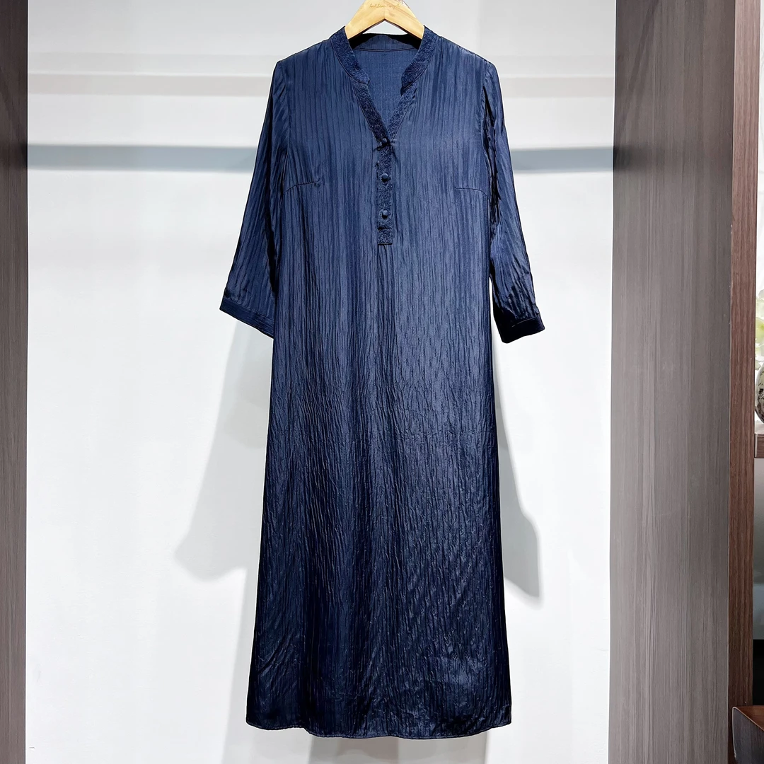 【萨拉迪恩】桑蚕丝提花气质优雅时尚宽松中长款连衣裙蓝色V领