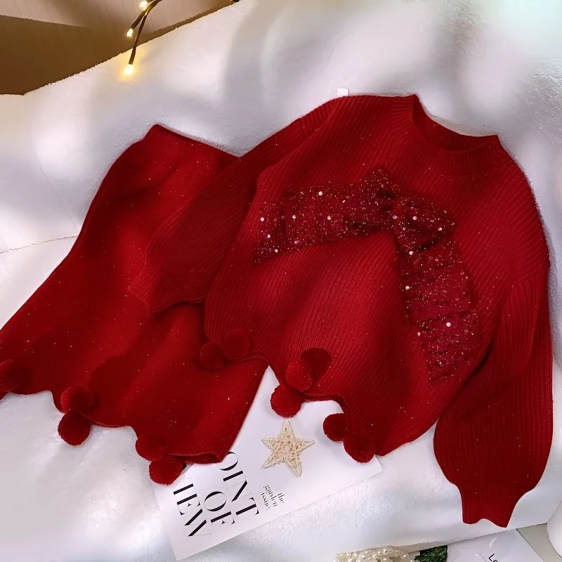 新年装拜年服女童洋气毛衣裙套装2026新款儿童红色过年服两件套