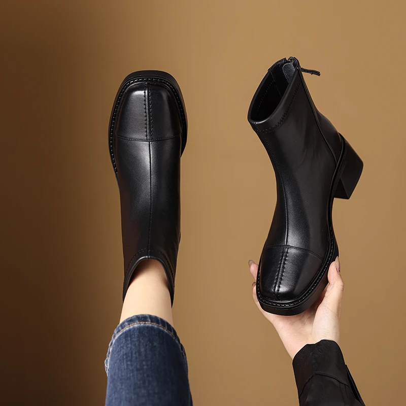 2025新款粗跟5.5cm秋冬方头短靴短款加绒瘦瘦靴潮流英伦风百搭