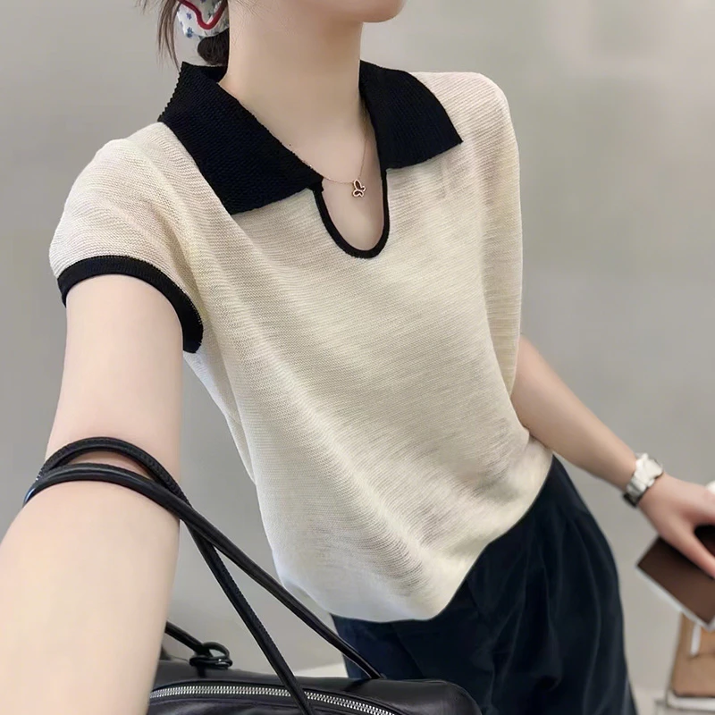 别致翻领撞色小众设计感薄款针织T恤女2025夏季气质显瘦正肩上衣