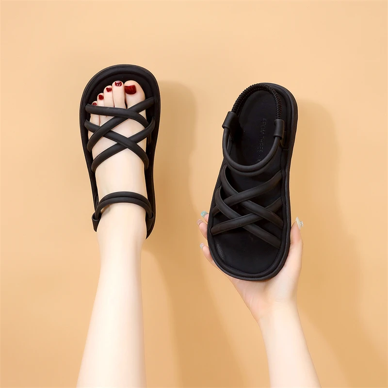 时尚一脚蹬凉鞋女2025夏季新款平底交叉沙滩鞋学生露趾凉鞋大码41