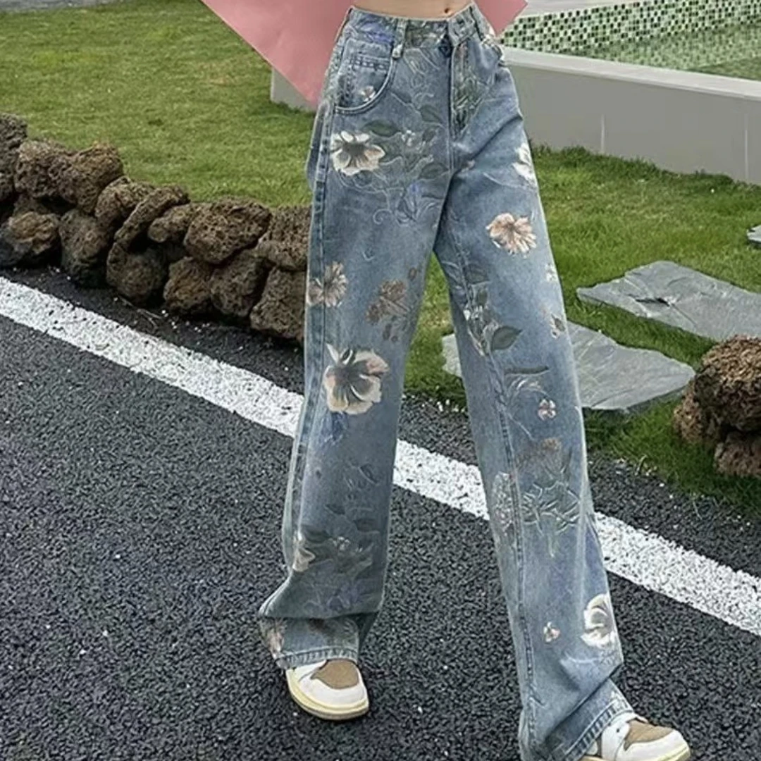 国潮美式花卉碎花印花高腰宽松阔腿牛仔裤