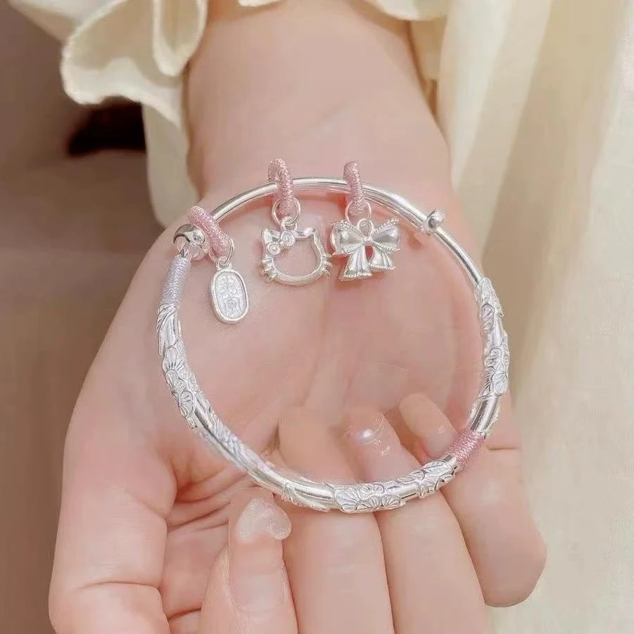 足银手镯 繁花纯银手镯女实心镯子Kitty吊坠新款送女友生日礼物