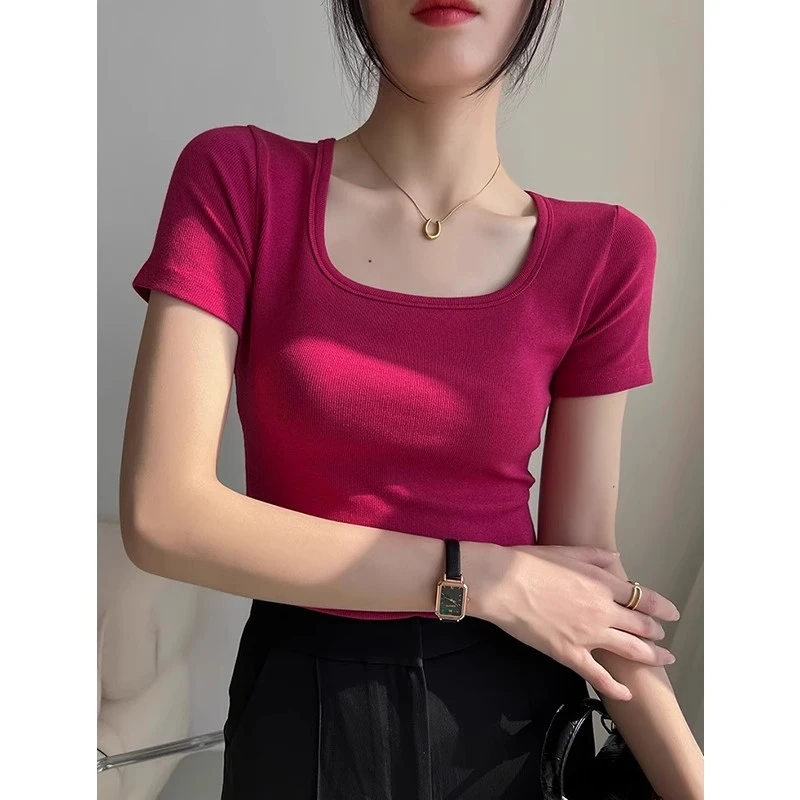 红色正肩方领短袖t恤女春夏2025年新款高级感内搭打底衫短款上衣