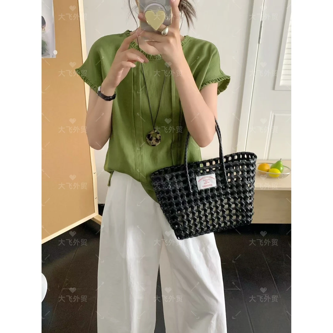 【100%雨露麻&花边双捏褶衬衣】夏季新款双捏褶花边开叉衬衣703