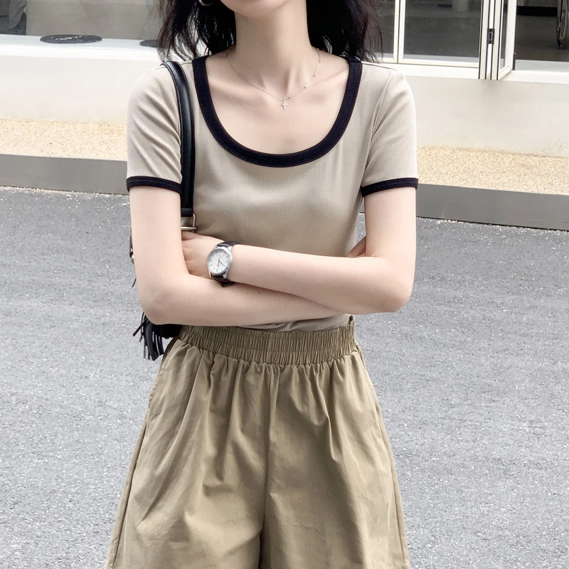 高级感正肩t恤女夏气质短款2025新款时尚高腰撞色U领百搭短袖上衣