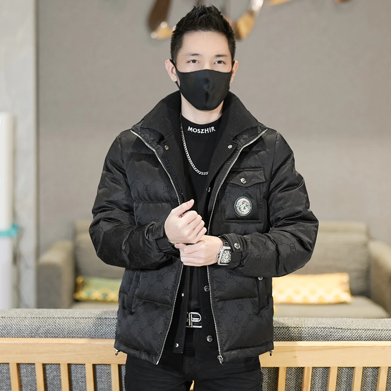 冬季时尚潮流提花针织拼接羽绒服男士休闲百搭修身保暖白鸭绒外套