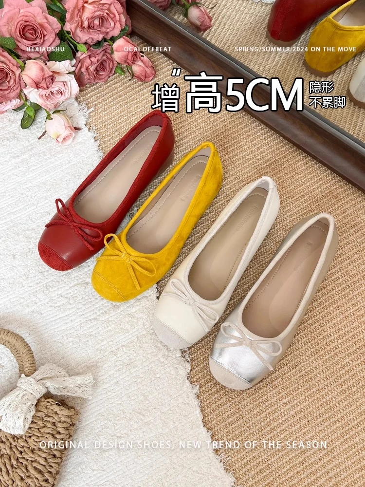 晚晚·小个子内增高5cm蝴蝶结浅口女鞋子平底复古时尚百搭软底单鞋
