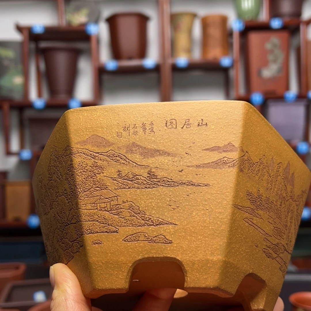 紫砂花盆黄六方花盆