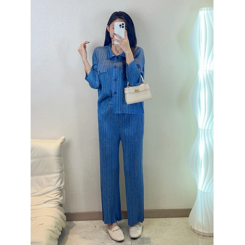 【褶二喜】早春新款褶皱牛仔元素套装裤显瘦气质遮肉直筒裤女