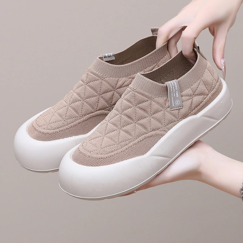 春秋新款单鞋女时尚休闲妈妈鞋厚底舒适一脚蹬休闲鞋平底防滑女鞋