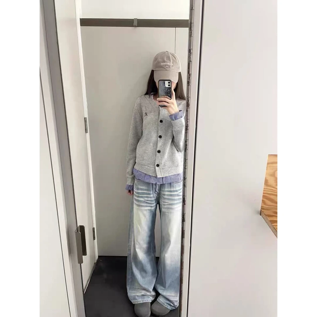 原野  假两件格子开衫卫衣女春秋休闲长袖上衣外套