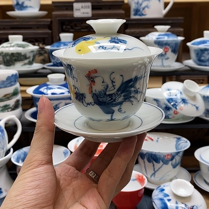 手绘公鸡盖碗160cc釉下彩微瑕福利款