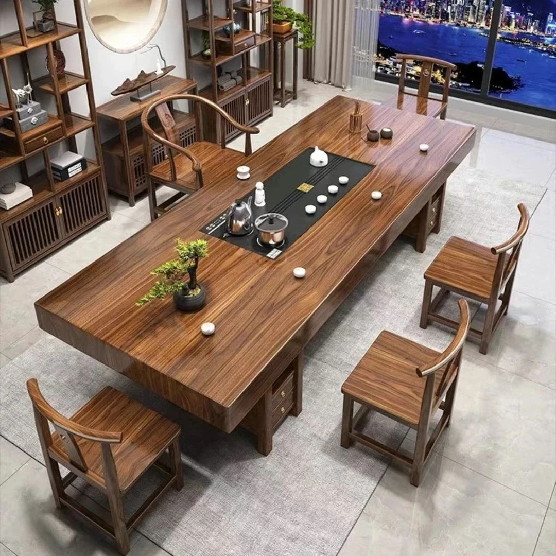 A全实木大板茶台阳台茶桌椅组合一桌五椅新中式茶桌实木大板桌