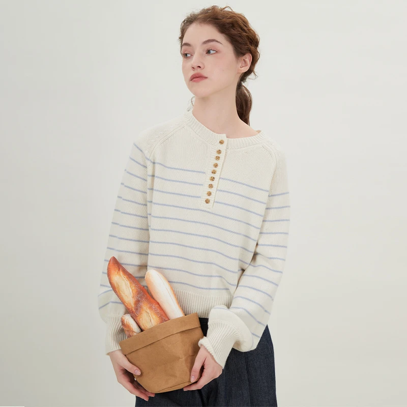 OOR之一 羊绒羊毛条纹毛衣圆领蓝白针织衫灯笼袖套头半开襟女1001