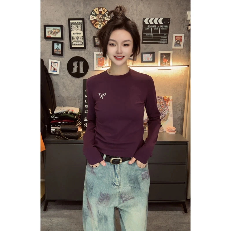 正反面字母刺绣高弹力精梳棉长袖T恤女修身显瘦透气亲肤上衣