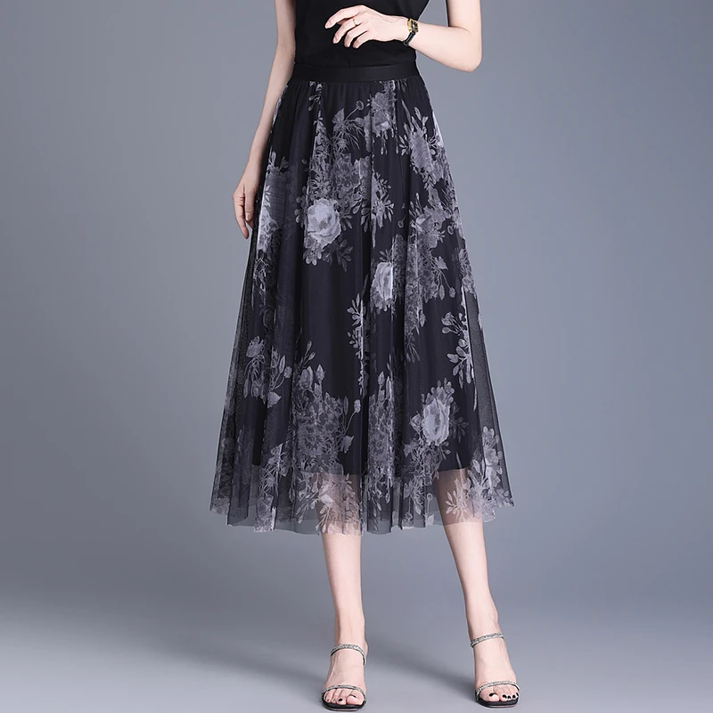 优雅网纱半身裙女夏2025新款高腰垂感印花网纱中长款a字裙妈妈款