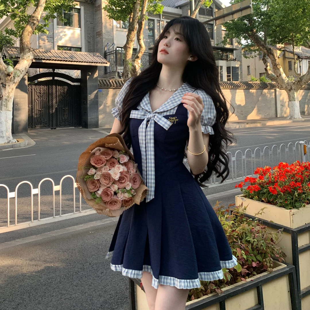 Blovelan苍蓝篇章 学院风甜美假两件格纹撞色泡泡袖连衣裙