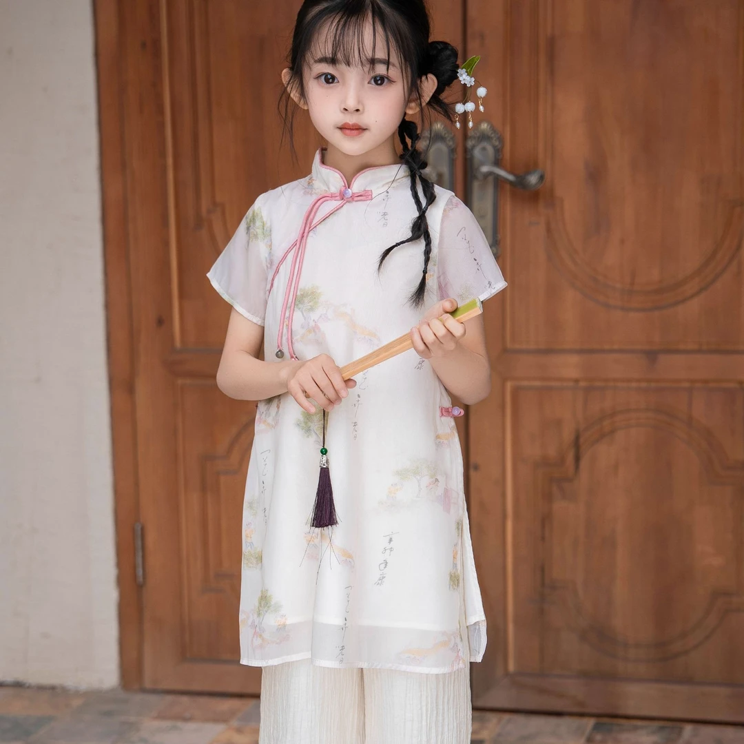 ***荷塘月色夏款女童儿童国风古风套装
