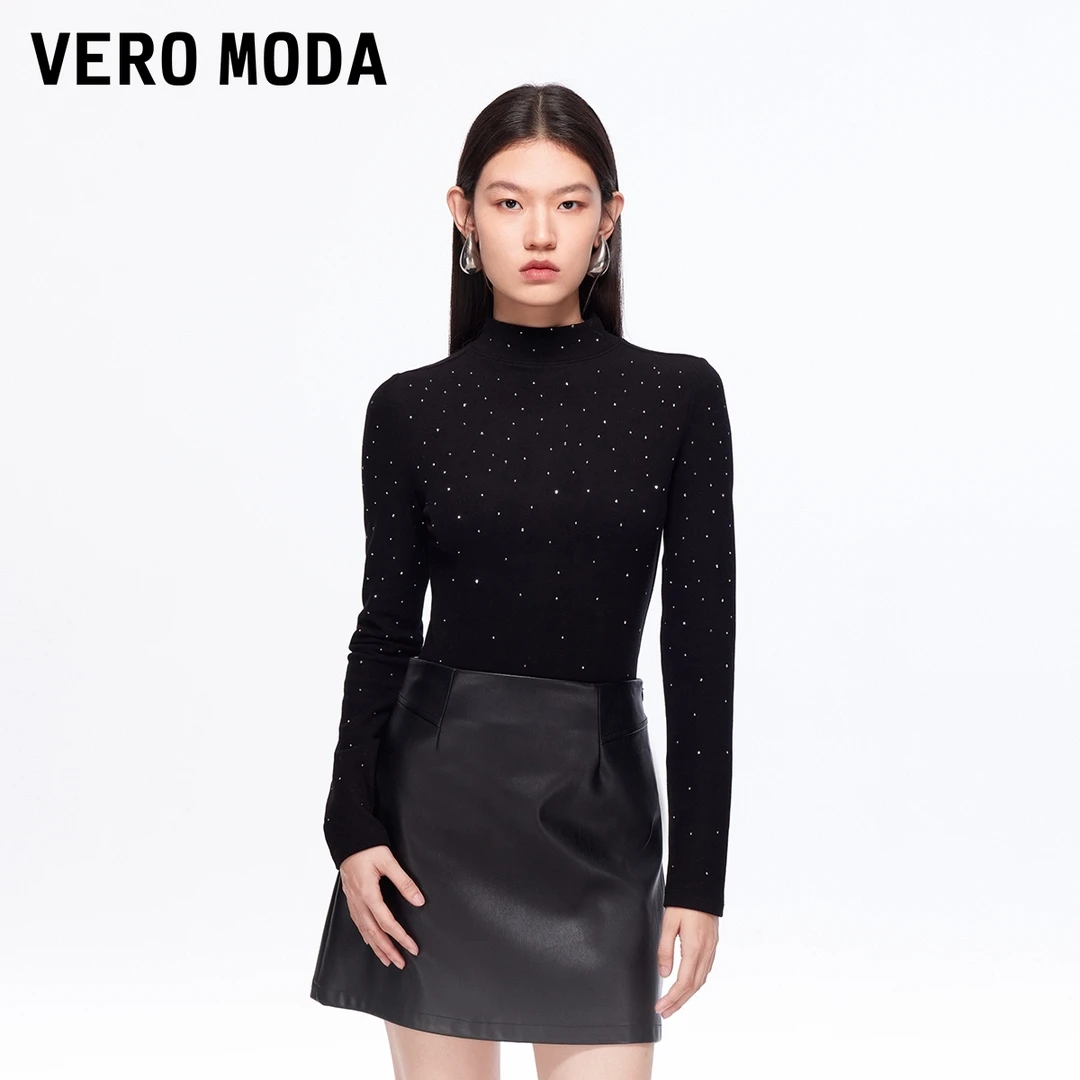 Vero ModaT恤2025秋冬新款亮钻半高领收腰长袖纯色打底上衣气质