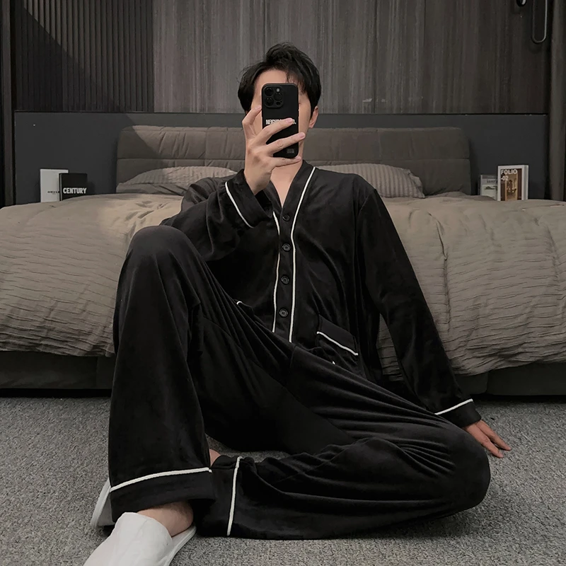 海岛绒睡衣男士冬季保暖加绒加厚冬天法兰绒休闲家居服珊瑚绒套装