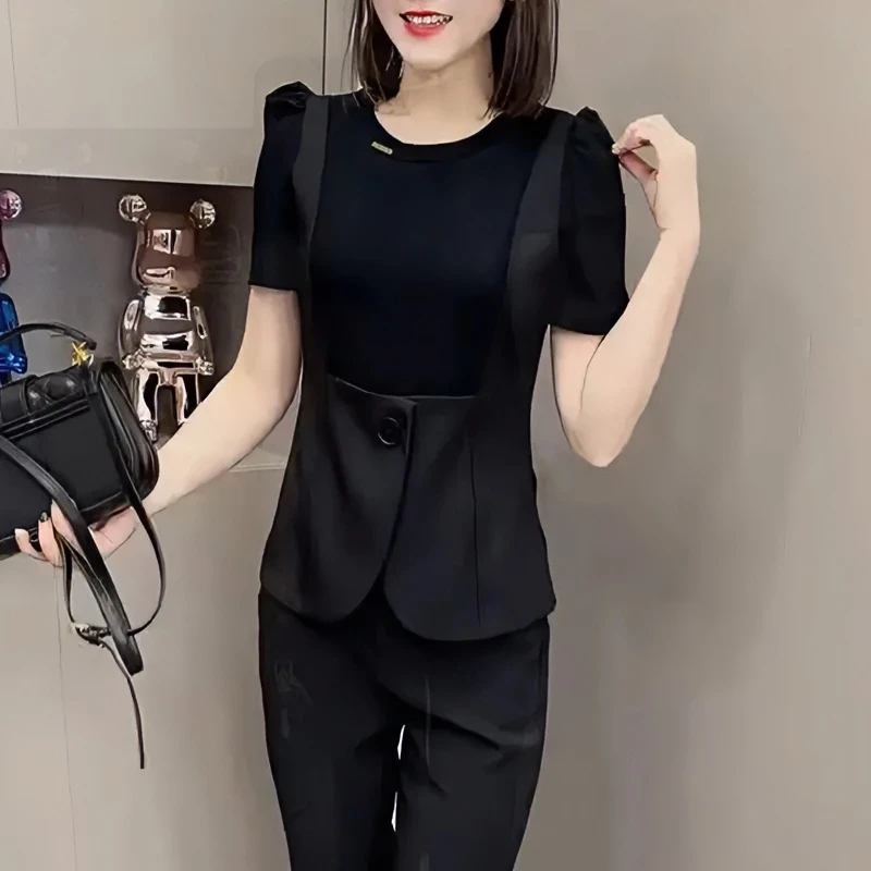 时尚假两件短袖T恤女2025夏季新款洋气显瘦拼接休闲百搭上衣小衫