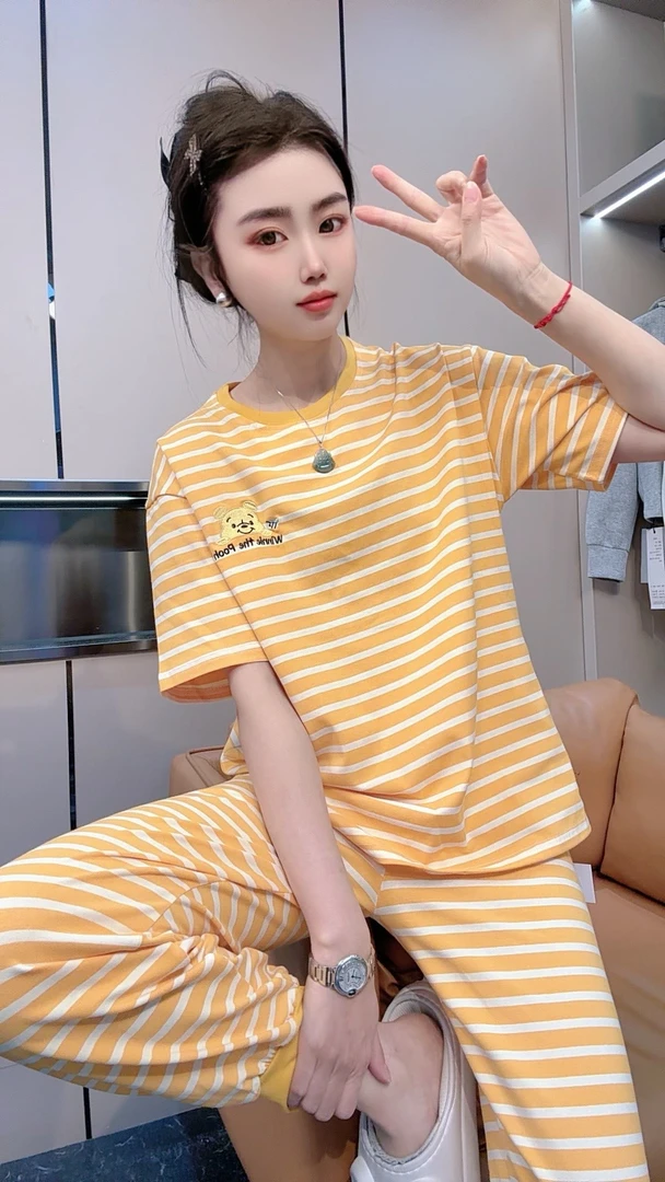 卡通条纹短袖睡衣女家居服套装可外穿休闲圆领