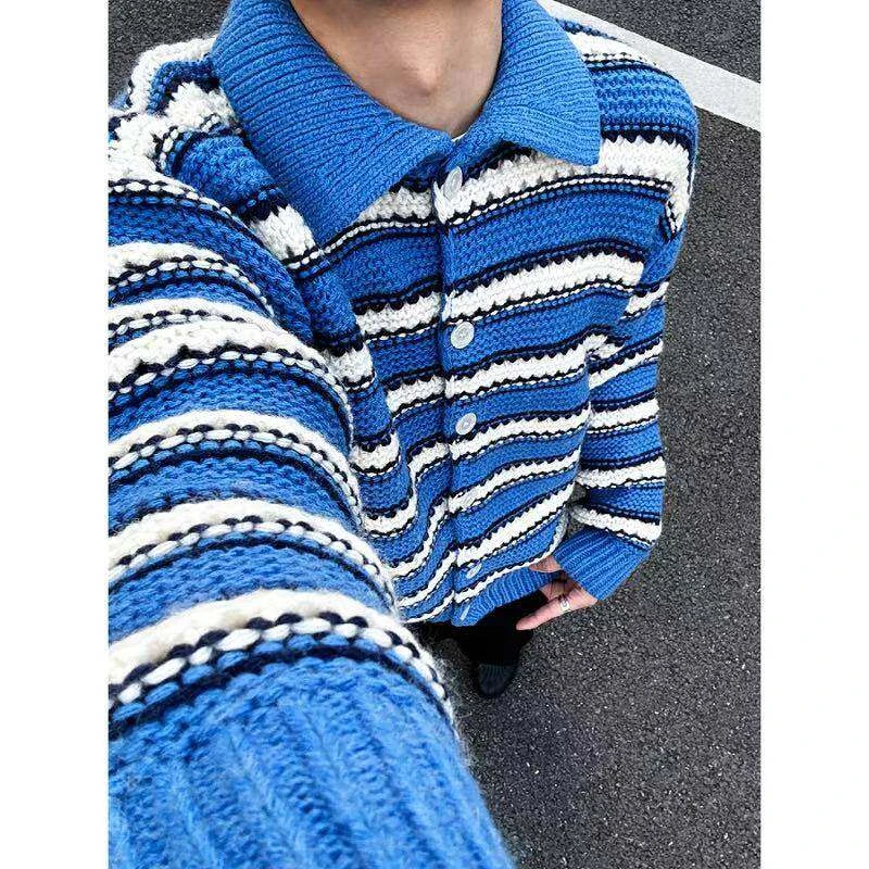 蓝白条纹开衫毛衣美式复古cleanfit粗线针织翻领外套男潮宽松上衣