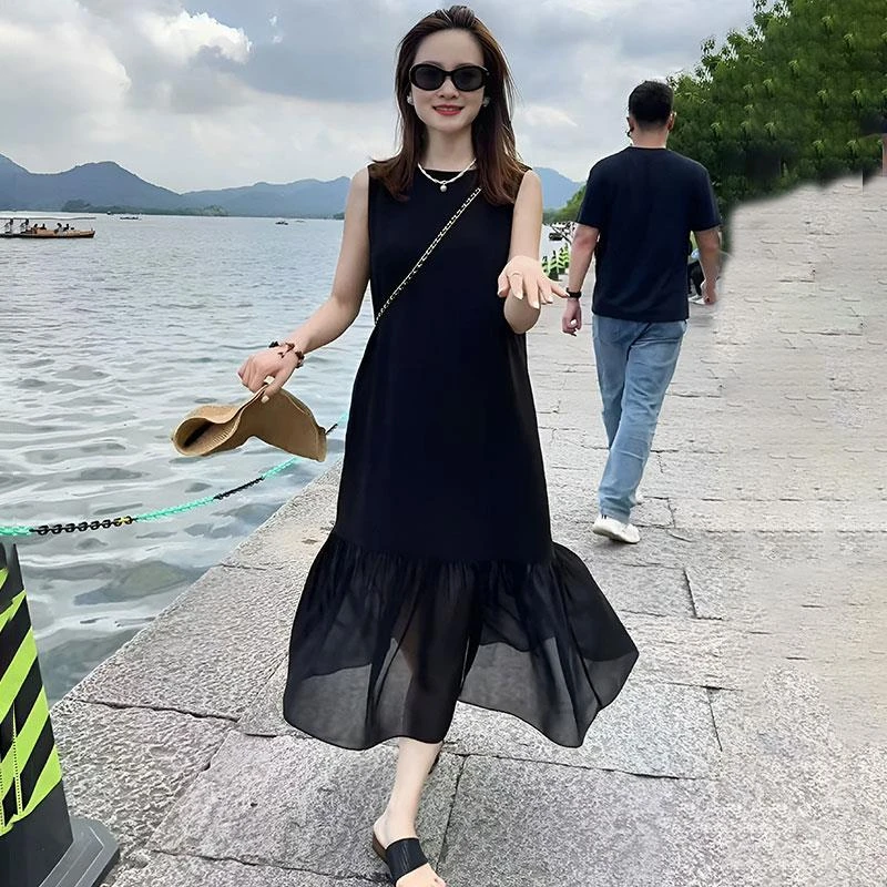 法式高级感黑色网纱无袖连衣裙女2025新款夏季宽松设计感休闲长裙