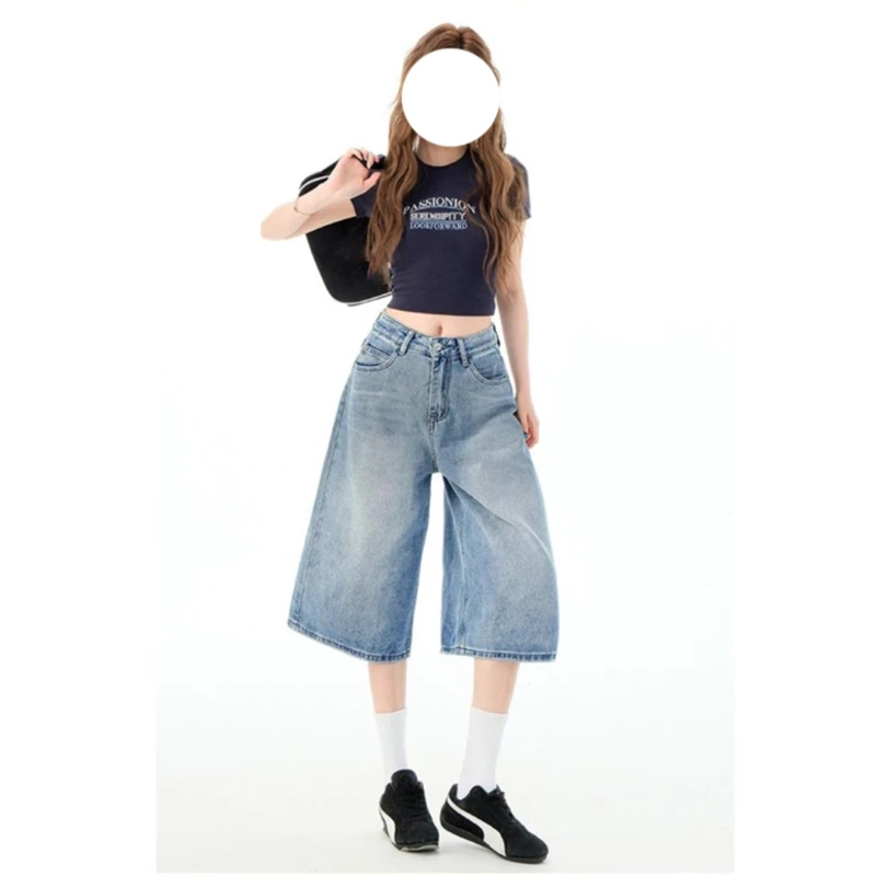 大码复古高腰阔腿七分牛仔裤女2025夏季新款宽松显瘦休闲直筒裤子